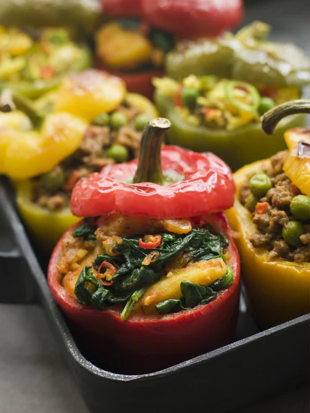 Bell Peppers stuffed with Keema Sag Aloo and Vegetable Pilau — Stock Photo, Image