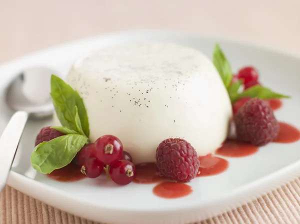 Vanilla Panna cotta with Raspberries Redcurrants and Coulis — Stock Photo, Image