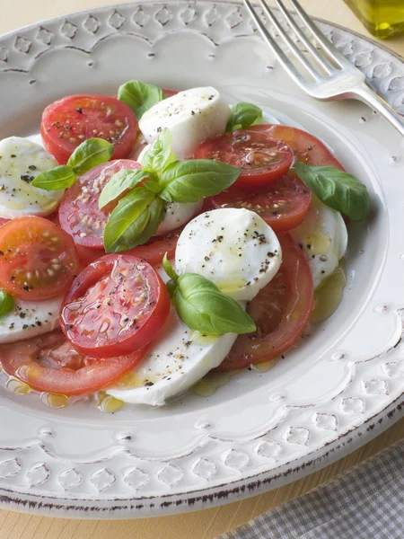 Tomate Mozzarella Queijo e salada de manjericão — Fotografia de Stock