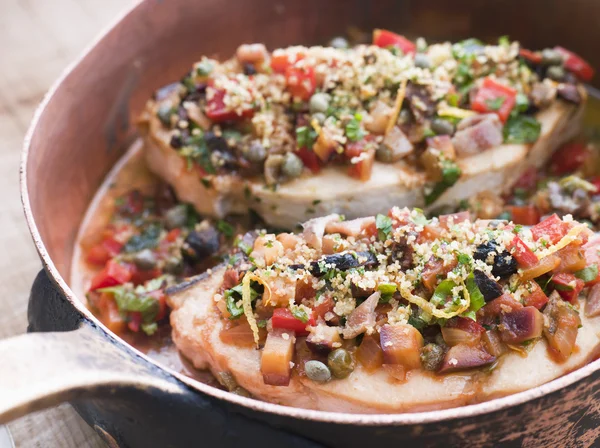Baked Sicilian Swordfish in a Copper pan — Stock Photo, Image