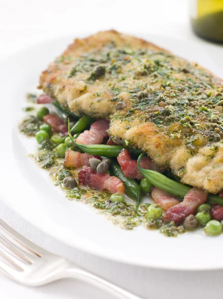 Plate Cotoletta Veal Green Beans Peas Pancetta — Stock Photo, Image