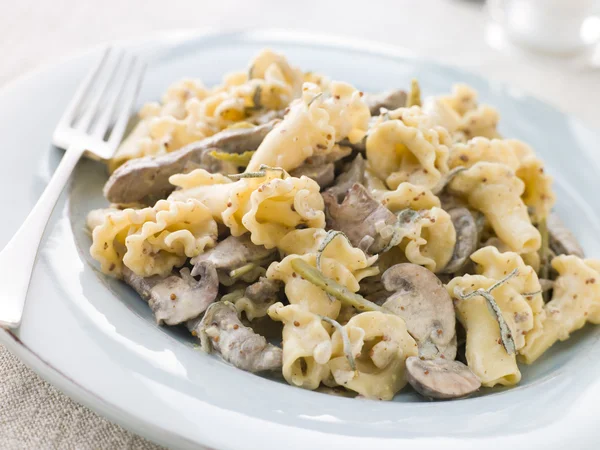 Campanelle Pasta with Beef Fillet Strips in a Sage and Grain Mus — Stock Photo, Image