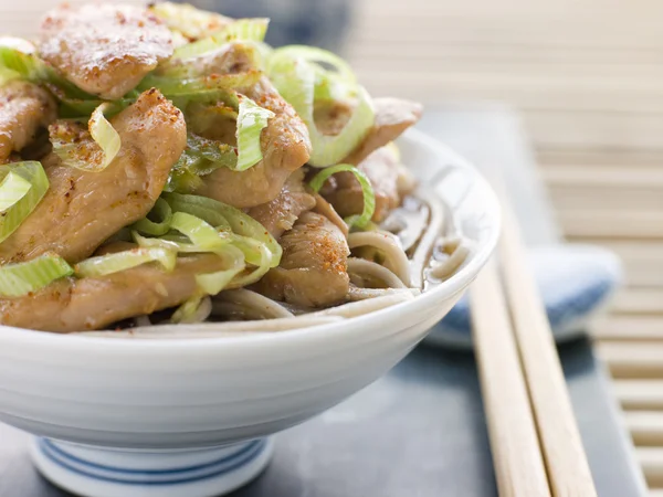 China Bowl Chicken Leeksoba Noodles Broth Chopsticks — Stock Photo, Image