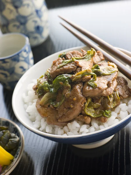 在水稻上锅油炸猪肉和姜白菜 — 图库照片