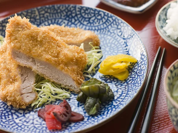 Tonkatsu Plated with Rice Miso Soup and Pickles — Stock Photo, Image