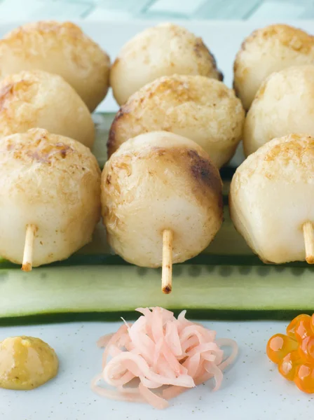 Plate Fish Ball Skewers Cucumber Salad Decorative Condiments — Stock Photo, Image