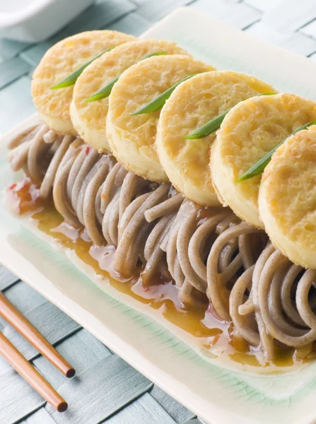 Plate Fried Silken Tofu Noodle Salad Chopsticks — Stock Photo, Image