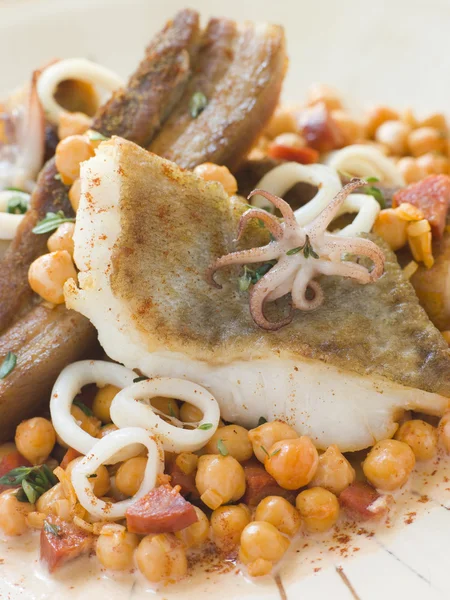 Pan Fried Cod Fillet and Baby Squid with Braised Belly Pork and — Stock Photo, Image