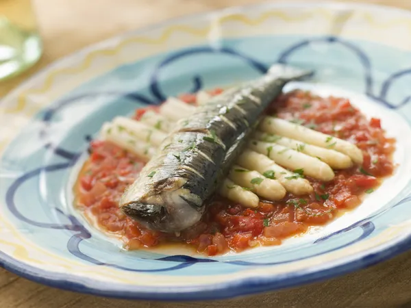 Grillade sardiner med vit sparris och rostad röd paprika sal — Stockfoto
