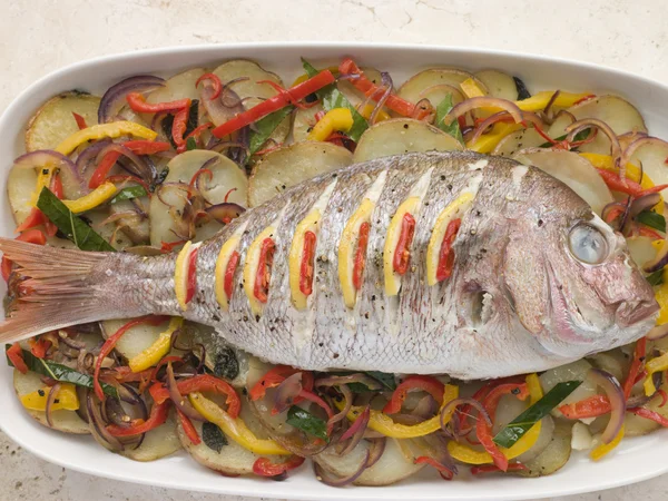 Whole Roasted Bream Chilies Potatoes Peppers — Stock Photo, Image