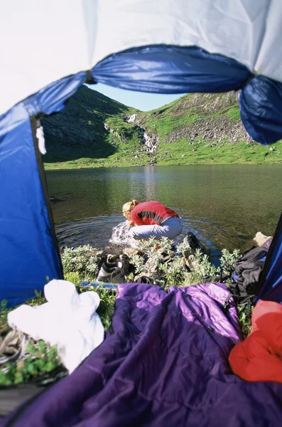 Woman Washing Face Lake View Tent Entrance — Stock Photo, Image