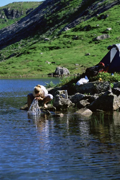 Young Woman Washing Clothes Lake Next Tent — Stock Photo, Image