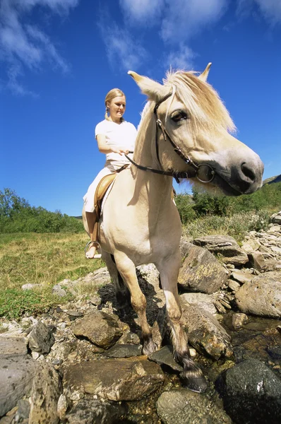 Jovem Mulher Atravessando Rio Cavalo — Fotografia de Stock