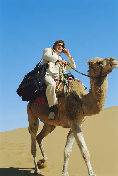 Человек с мобильным телефоном верхом на верблюде в пустыне — стоковое фото
