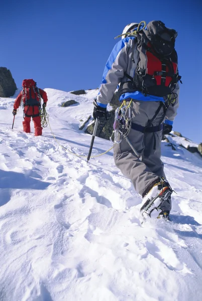 Wspinaczka górska młodych mężczyzn na snowy szczyt — Zdjęcie stockowe