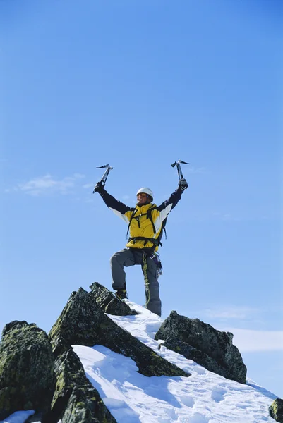 年轻男子庆祝到达顶部的一座山 — 图库照片