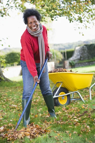 Starsza Kobieta Zbieranie Liści Jesienią Ogrodzie — Zdjęcie stockowe