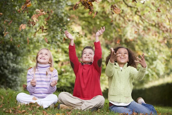 ウッドランドの秋の紅葉の中で遊んでいる子供たちのグループ — ストック写真