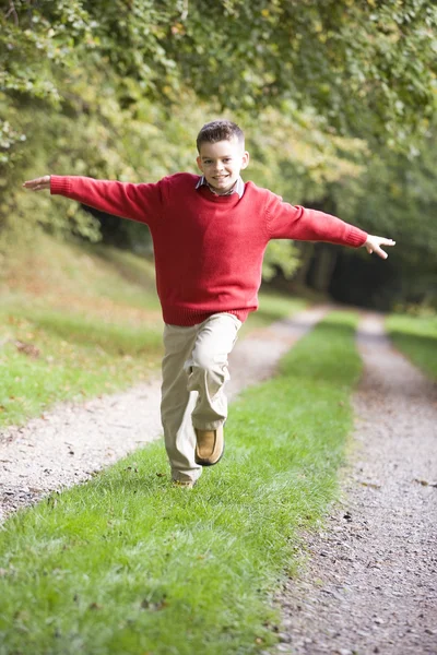 年轻的男孩在秋天沿林地路径运行 — 图库照片