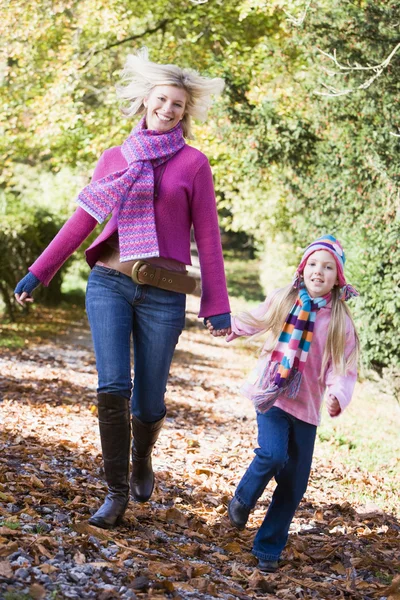 Mother Daughter Running Path Autum Woods — Stock Photo, Image