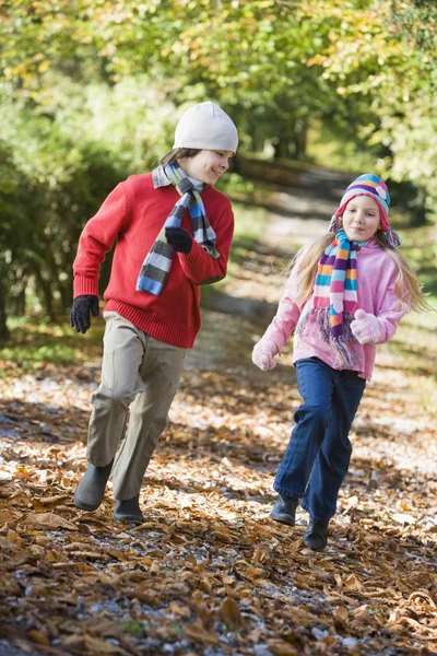 两个孩子在秋季林地玩耍 — 图库照片