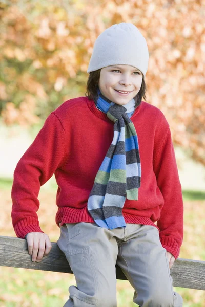 坐在秋天树林背景墙上的小男孩 — 图库照片