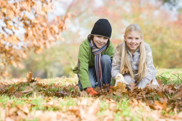 两个孩子在收集秋叶 — 图库照片