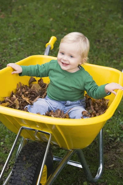 Mladý chlapec sedí v trakaři — Stock fotografie