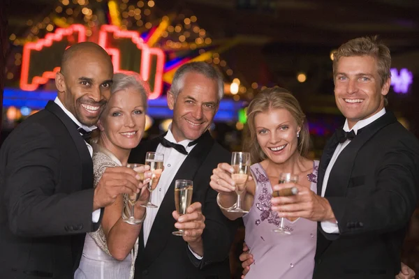 Group Friends Celebrating Win Champagne Casino — Stock Photo, Image