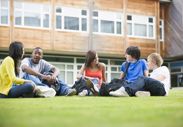 Estudiantes universitarios sentados y hablando en el césped del campus —  Fotos de Stock