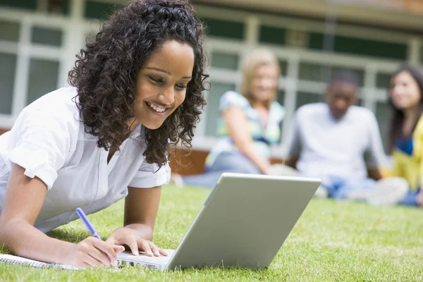 Young Woman Using Laptop Campus Lawn Other Students Rel — Stock Photo, Image
