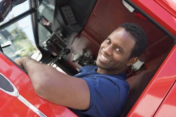 Firefighter Sitting Cab Fire Engine — Stock Photo, Image