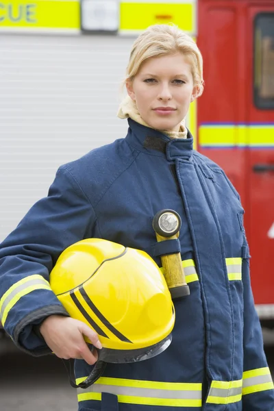 Portrait Firefighter Standing Front Fire Engine — Stock Photo, Image