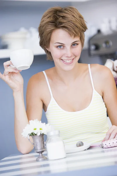 Young Woman Sitting Cafe Drinking Tea — Stock Photo, Image