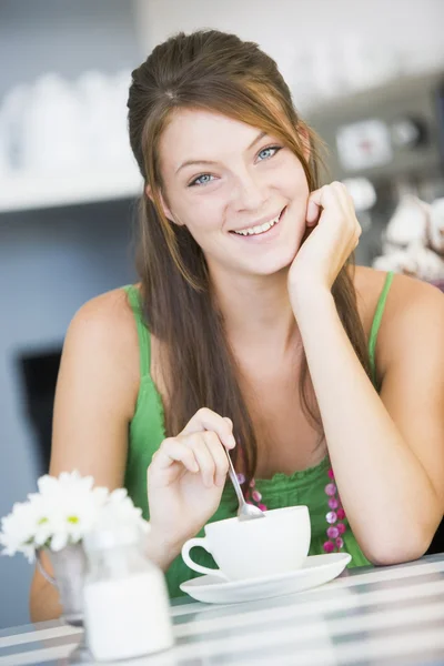 Young Woman Sitting Cafe Drinking Tea — Stock Photo, Image