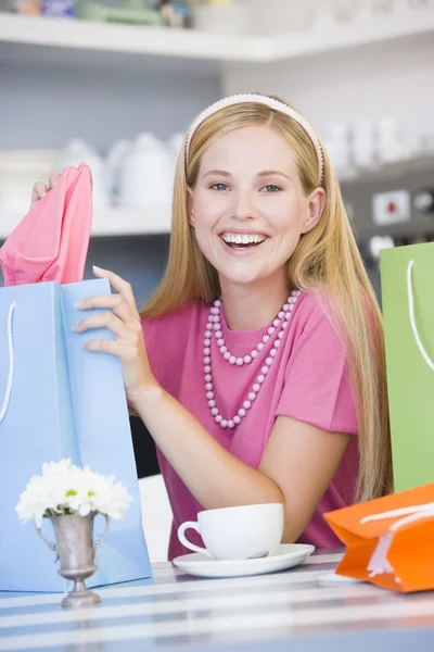Young Woman Sitting Cafe Shopping Bags — Stock Photo, Image