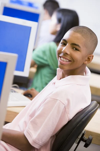 Schoolboy Sitting Front Computer High School Class — Stock Photo, Image