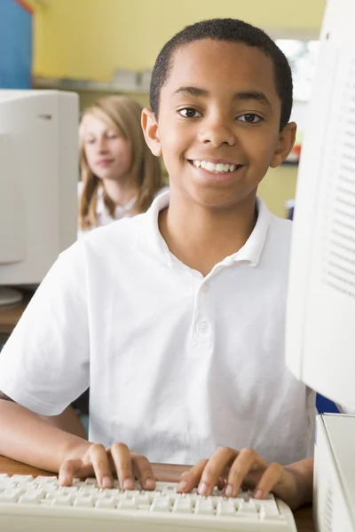 Schoolboy Studying Front School Computer — Stock Photo, Image
