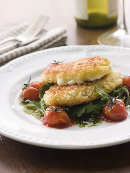 Breadcrumbed Mozzarella Cheese with Roasted Cherry Tomatoes and — Stock Image Breadcrumbed Mozzarella Cheese with Roasted Cherry Tomatoes and Stock Image