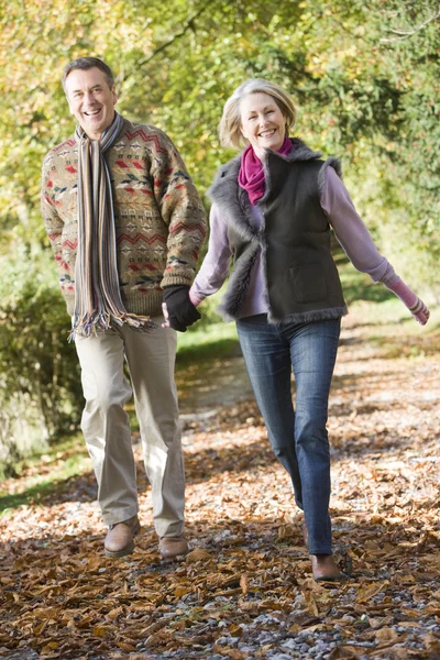 秋の森のパスに沿って歩く年配のカップル ストックフォト