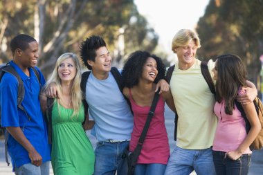 Group of six friends having fun outside clipart