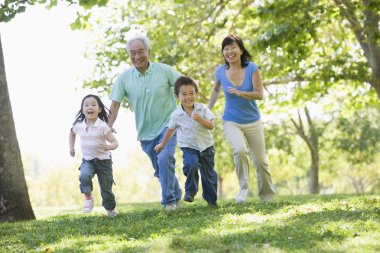 Grandparents running with grandchildren clipart