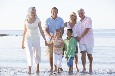 Extended family at the beach smiling clipart