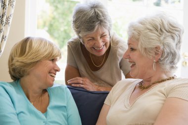 Three women in living room talking and smiling clipart