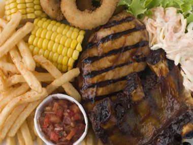 Barbeque Chicken and Ribs with Fries Slaw and Salsa clipart