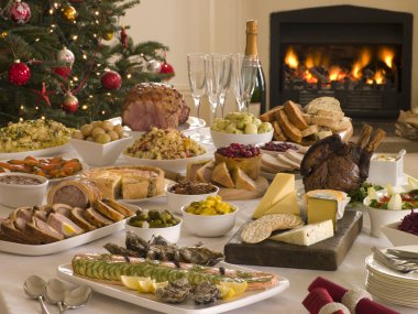 Boxing Day Buffet Lunch Christmas Tree and Log Fire clipart