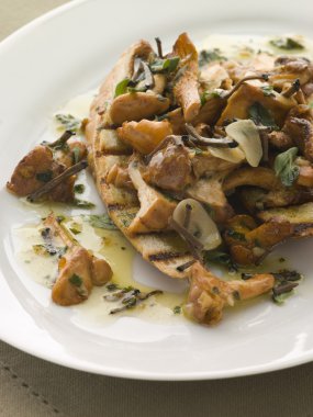 Wild Mushrooms Sauteed in Garlic Butter with Char grilled Baguet clipart