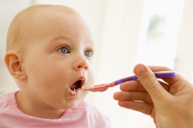 Mother feeding baby food to baby clipart