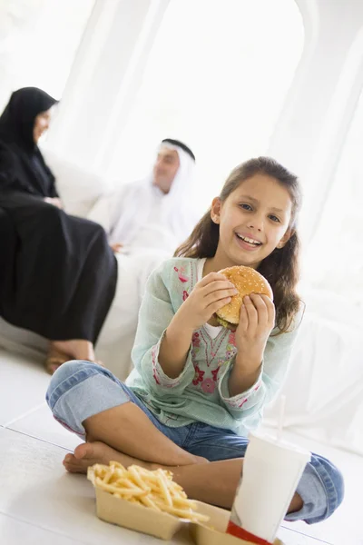 Middle Eastern Girl Enjoying Fast Food Burger Meal — Stock Photo, Image