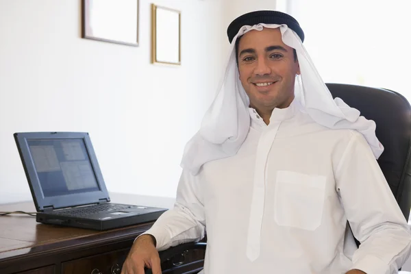 Middle Eastern Man Sitting Front Computer Home — Stock Photo, Image